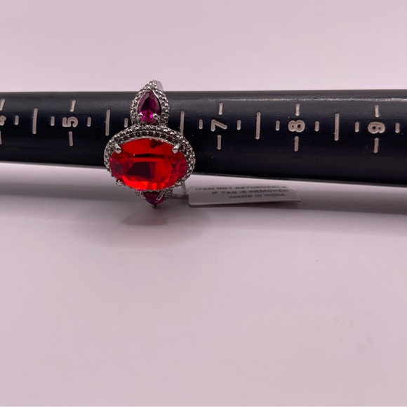 Simulated Ruby Rhinestone Ring - Silver Toned Victorian Setting Stainless Steel - Picture 2 of 15